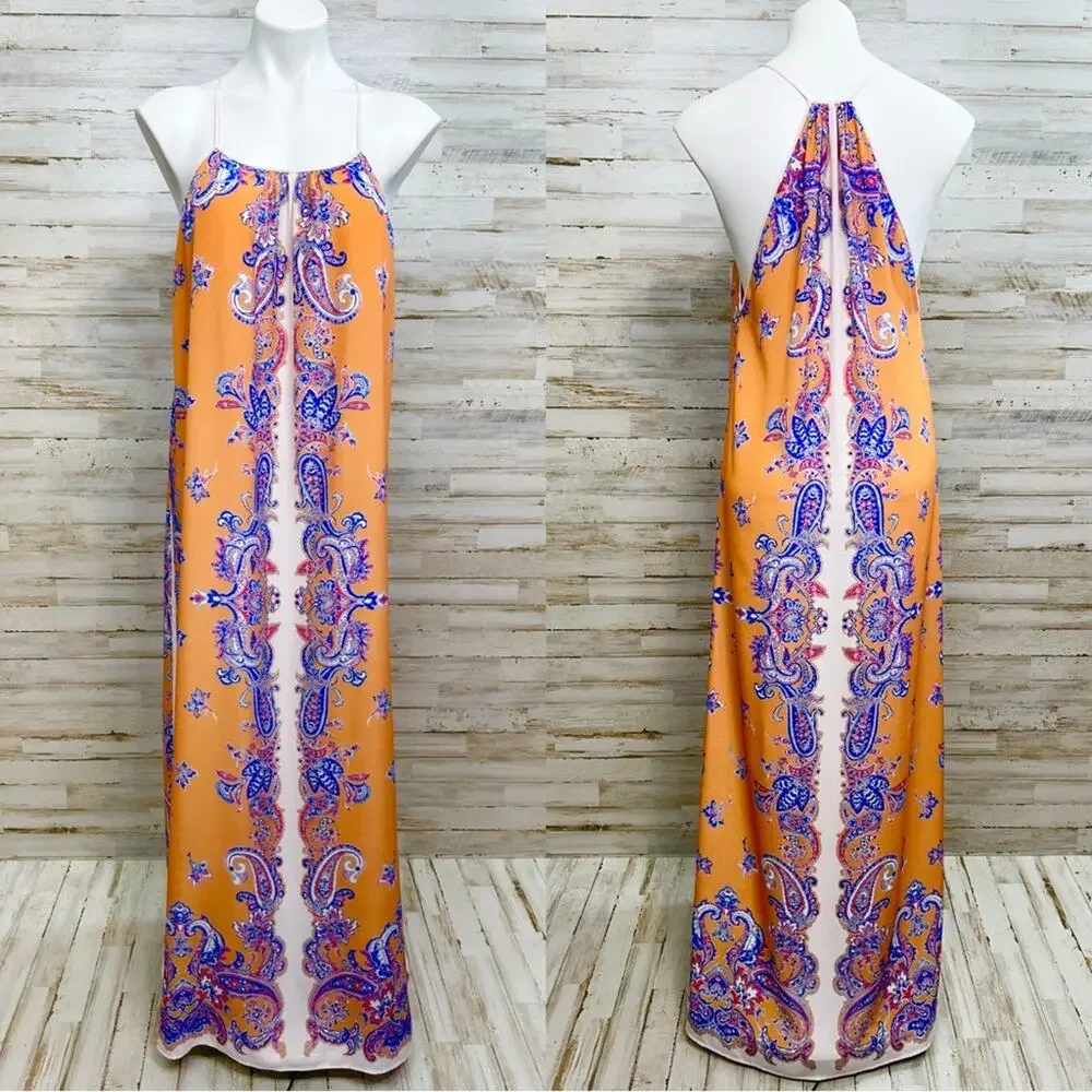 Clover Canyon Halter Scarf Maxi Dress Size S Mustard Gold Blue Sleeveless - Picture 1 of 14